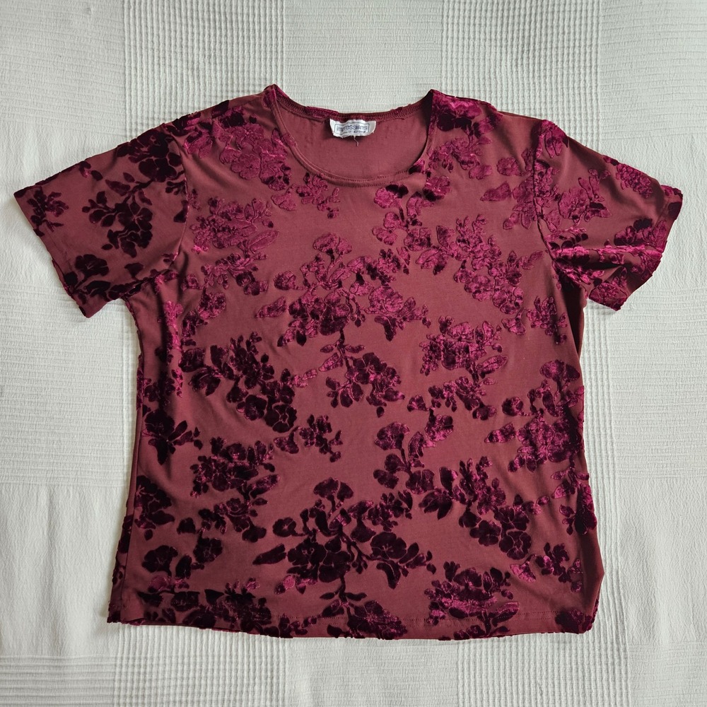 Impressions of California Burgundy Burnout Velvet Floral Gothic Top Women M